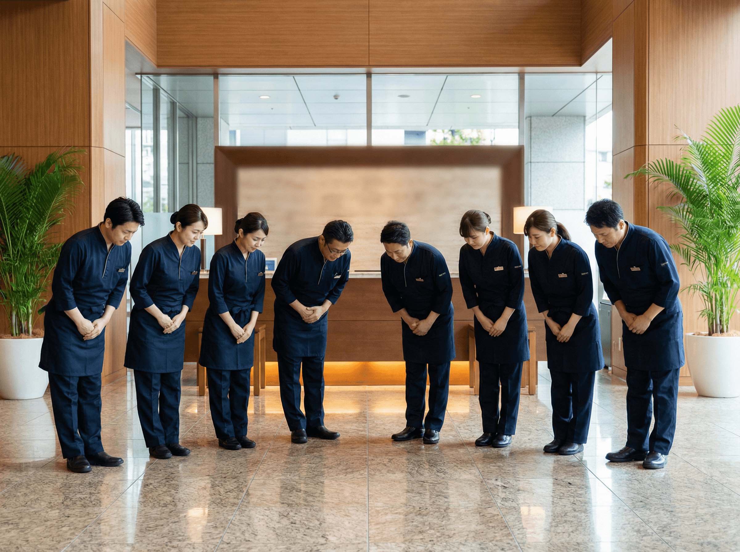 整列して挨拶しているスタッフの写真