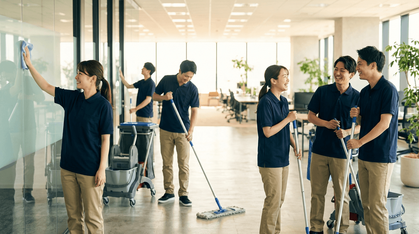 日本人の若手スタッフがオフィスで清掃作業を行い、笑顔で協力する様子の写真